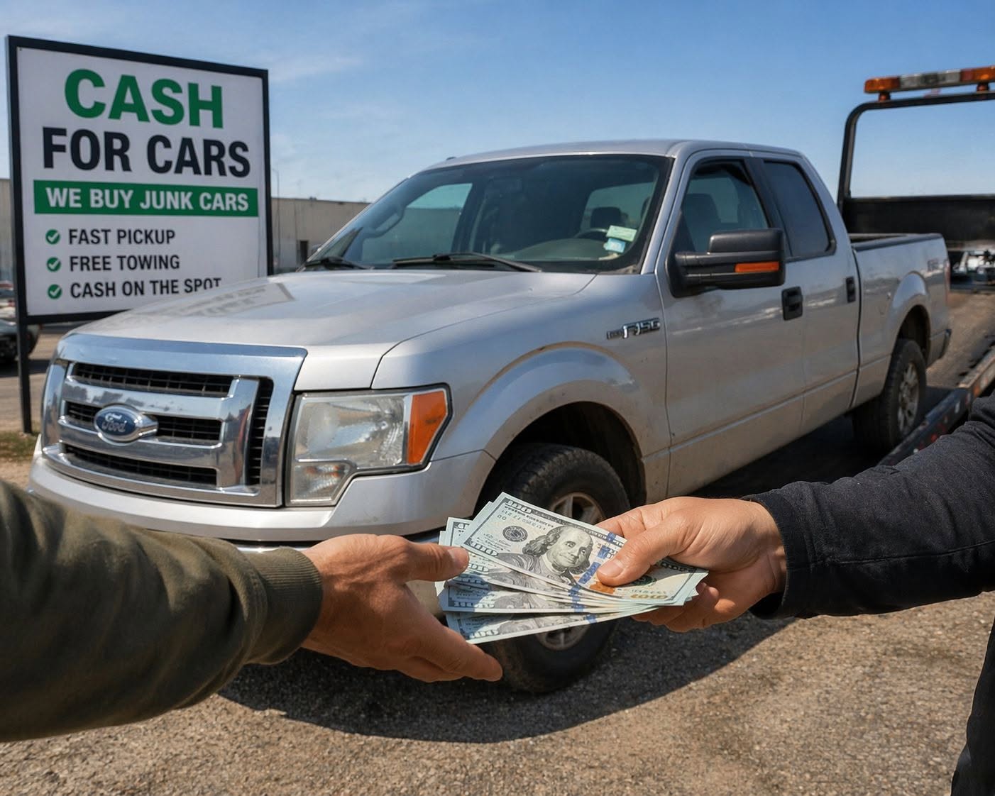 Hand holding a fan of cash, representing a cash offer for a junk car